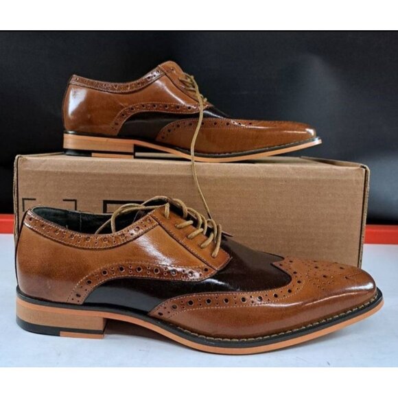 Men\'s Classic Brown & Tan Leather Wingtip Oxford Dress Shoes Size 8